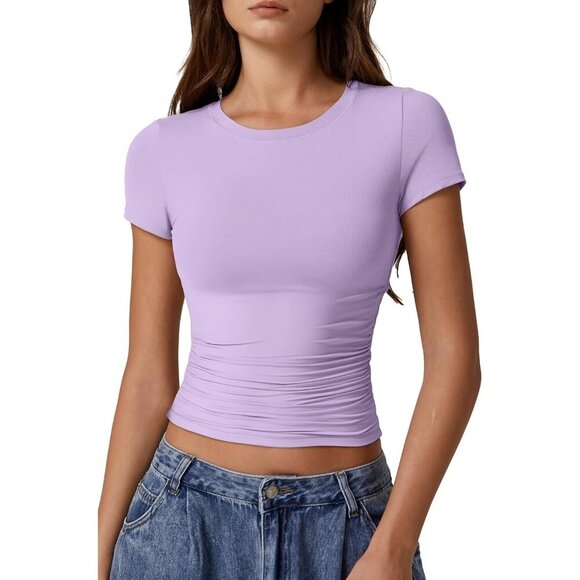 Tops - Women's Crop Tops Pink Short Sleeve Classic Y2K Round Neck Side Ruched Pleated